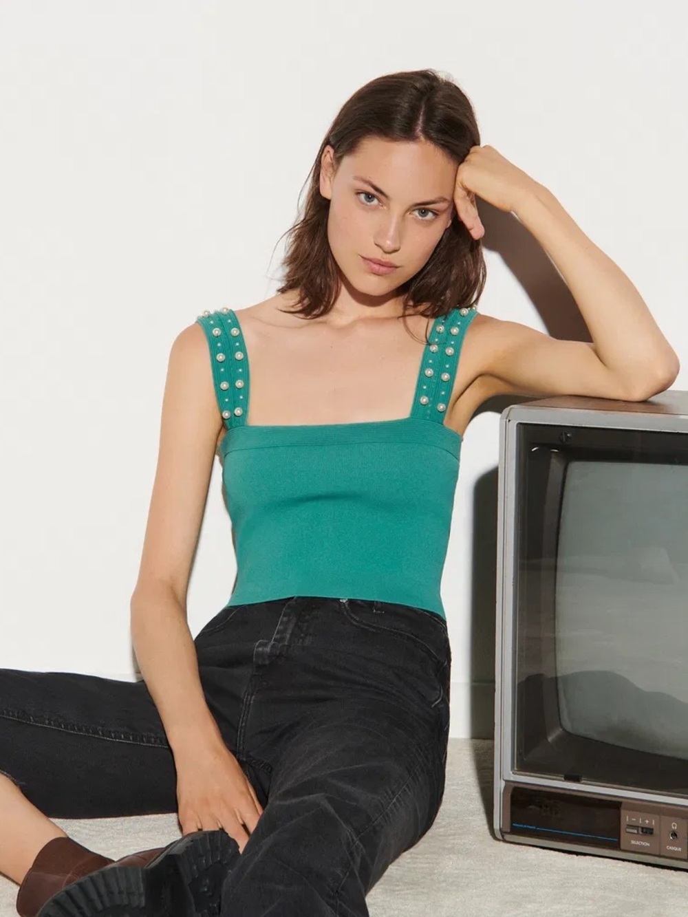 Sandro Pearl-Embellished Knitted Crop Top
